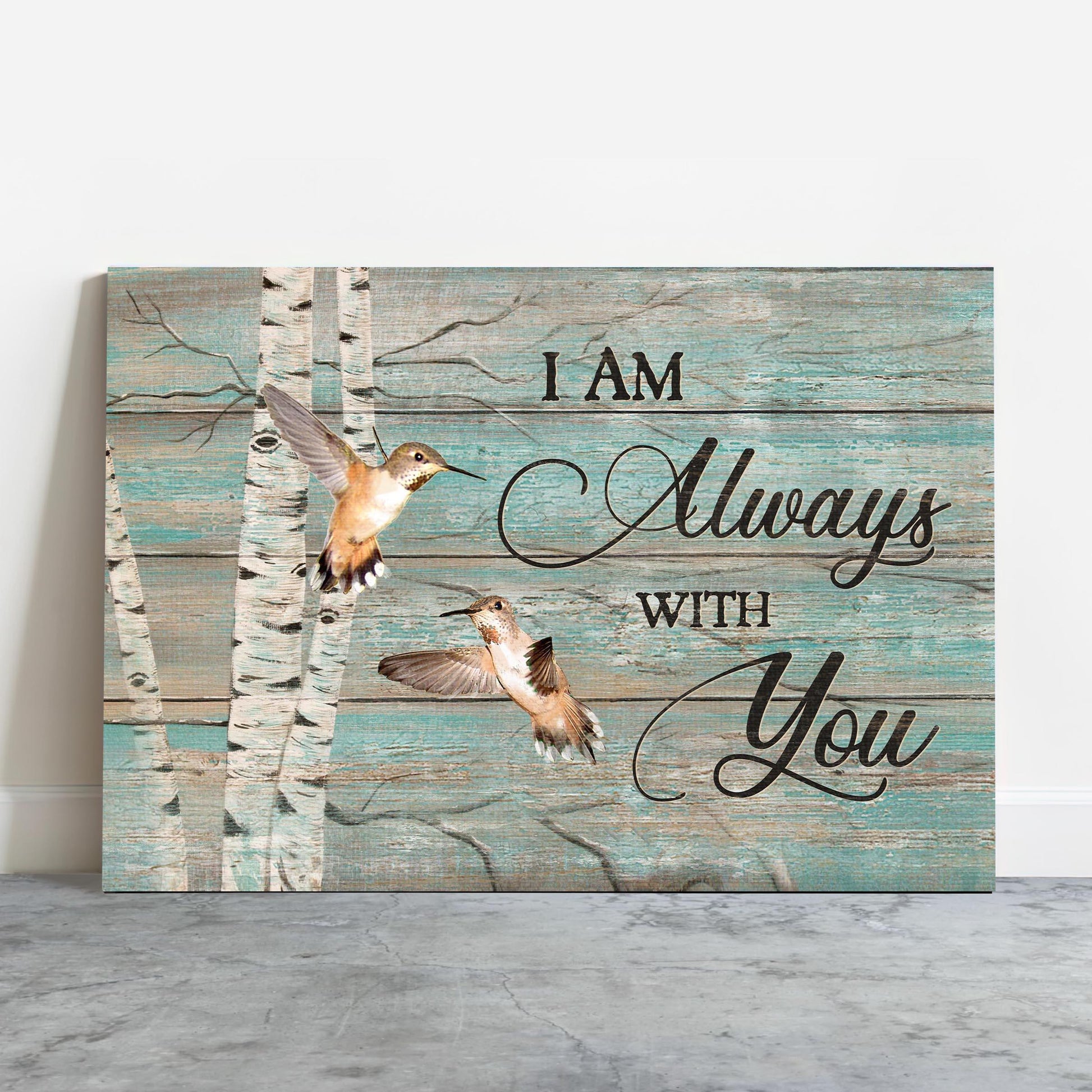 Memorial Premium Wrapped Landscape Canvas - Hummingbird drawing, Blue background, Oldest tree, I am always with you -Heaven Gifts for members family - Amzanimalsgift
