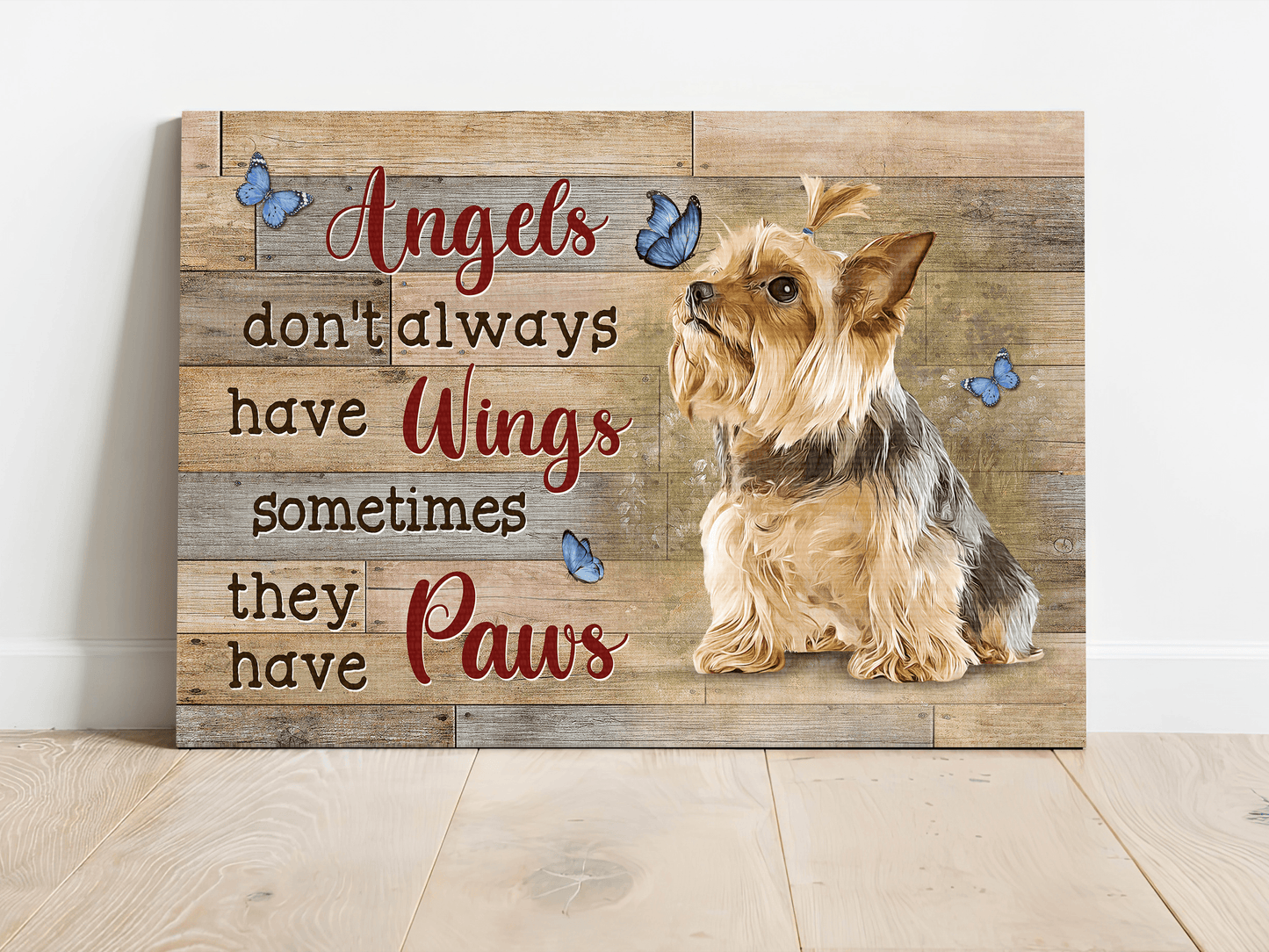 Memorial Premium Wrapped Landscape Canvas - Little Yorkshire Terrier, Blue butterfly, Angels don't always have wings - Heaven Gifts for members family - Amzanimalsgift