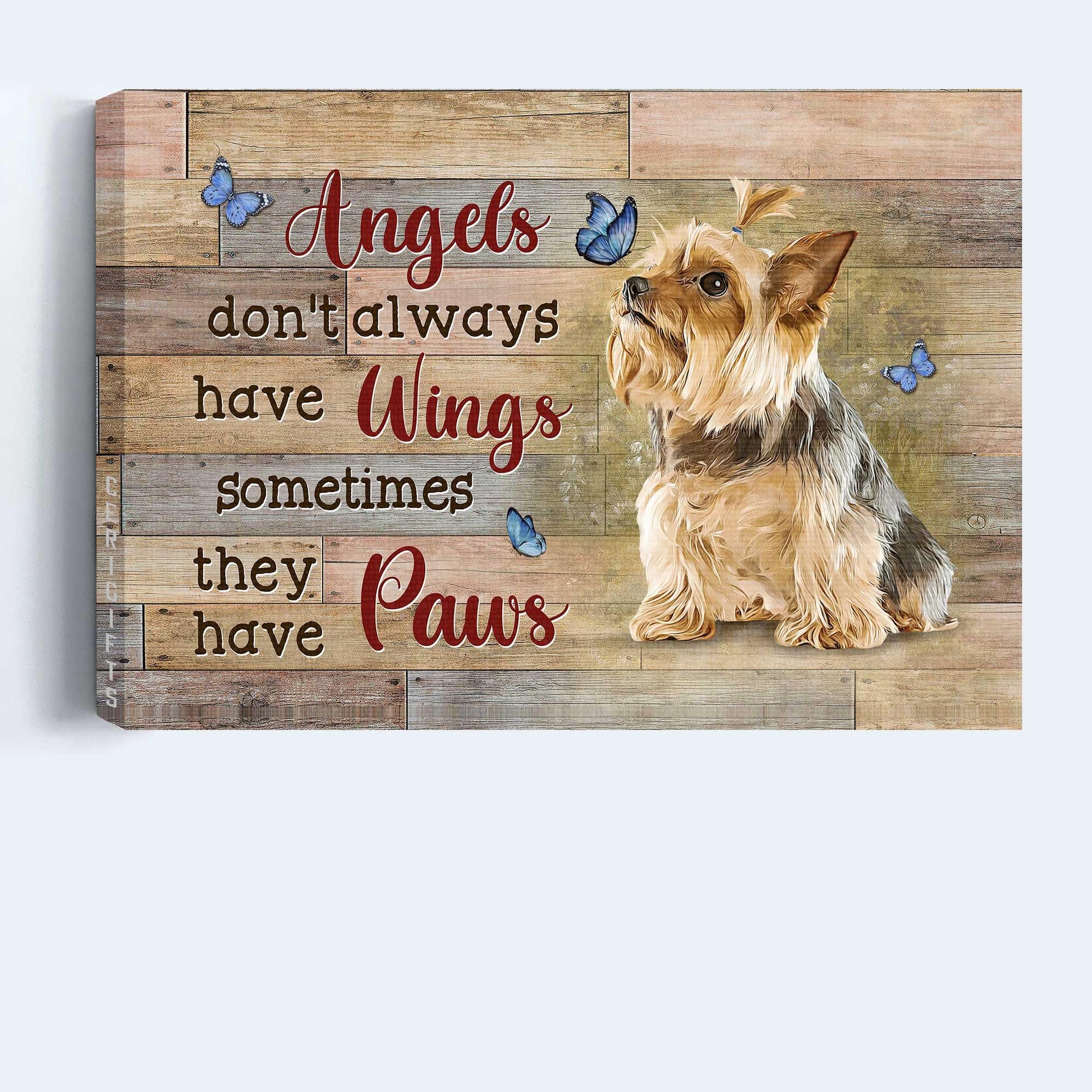 Memorial Premium Wrapped Landscape Canvas - Little Yorkshire Terrier, Blue butterfly, Angels don't always have wings - Heaven Gifts for members family - Amzanimalsgift