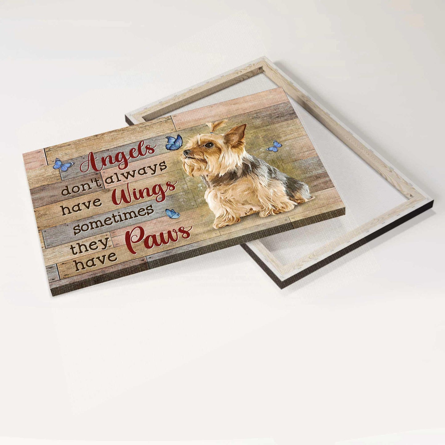 Memorial Premium Wrapped Landscape Canvas - Little Yorkshire Terrier, Blue butterfly, Angels don't always have wings - Heaven Gifts for members family - Amzanimalsgift