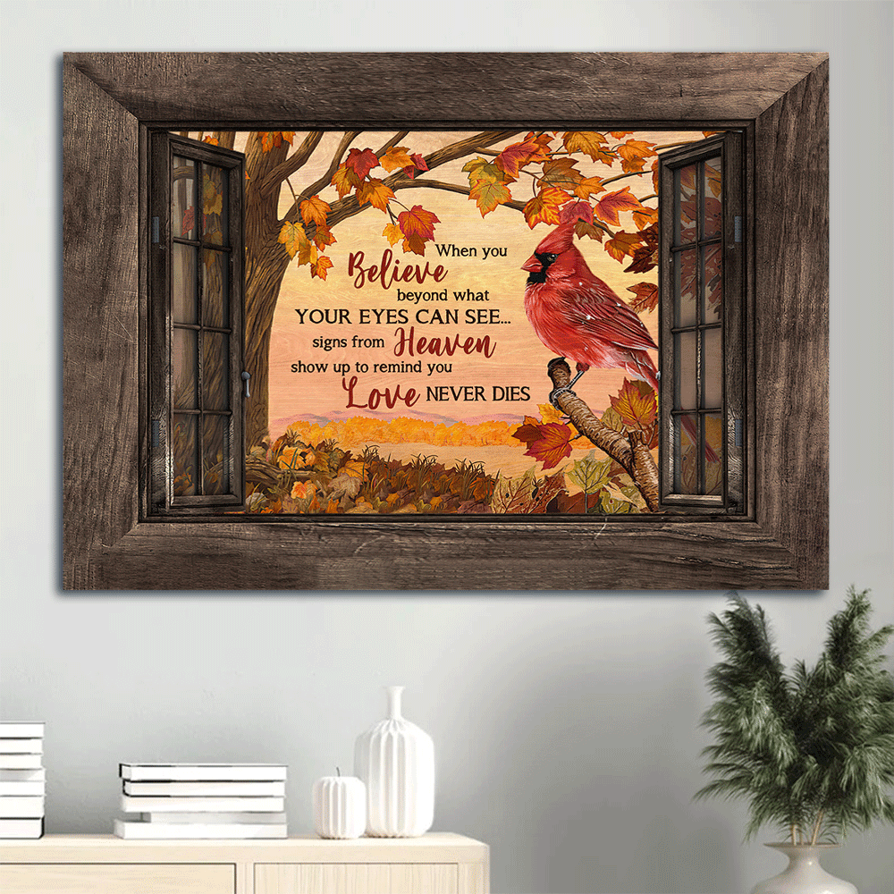 Memorial Premium Wrapped Landscape Canvas - Northern cardinal, Red maple leaf, Tree branch, Window frame, Love never dies - Gifts for members family - Amzanimalsgift