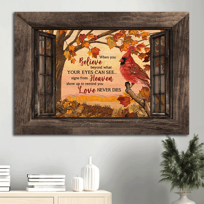 Memorial Premium Wrapped Landscape Canvas - Northern cardinal, Red maple leaf, Tree branch, Window frame, Love never dies - Gifts for members family - Amzanimalsgift