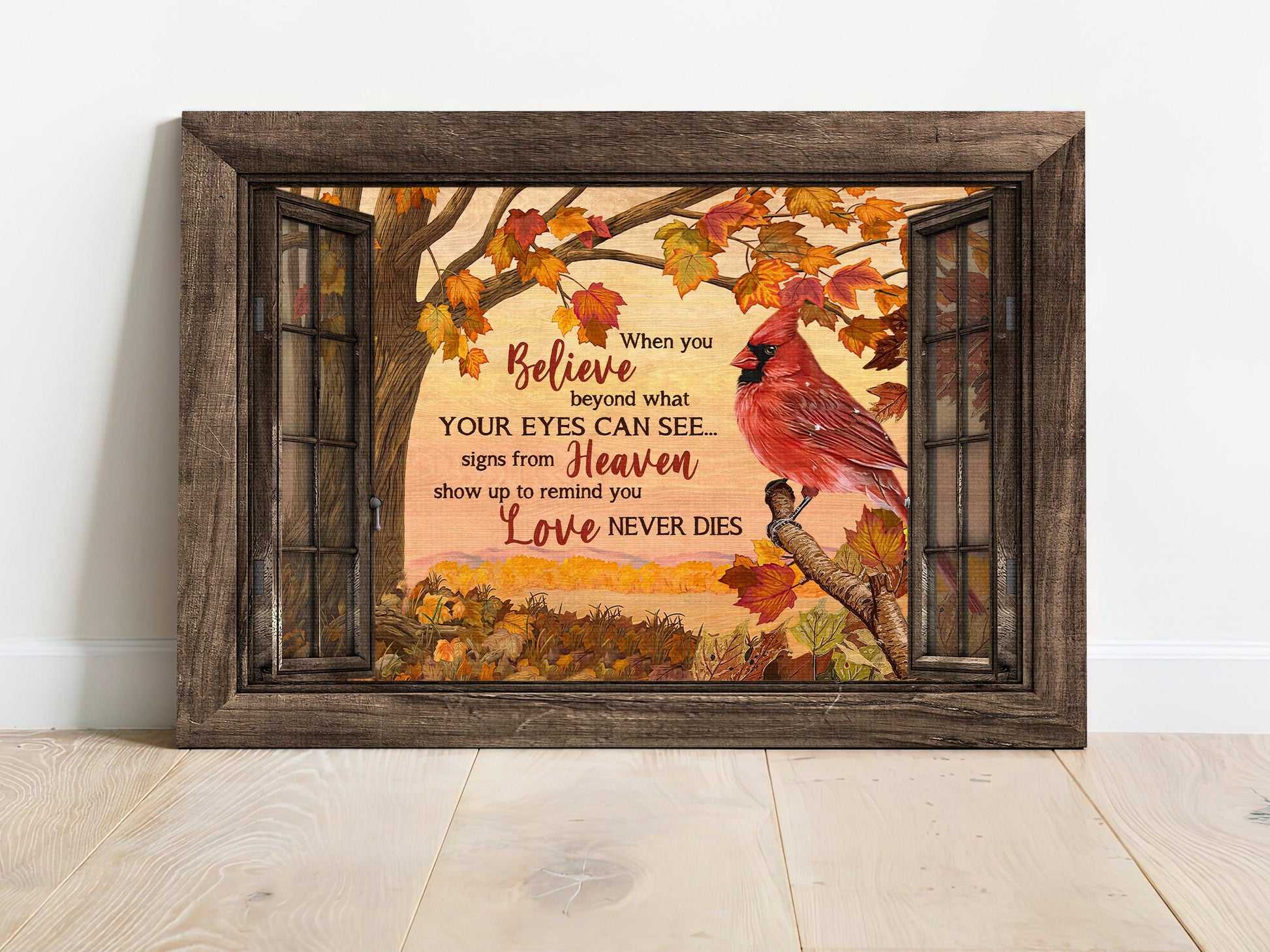 Memorial Premium Wrapped Landscape Canvas - Northern cardinal, Red maple leaf, Tree branch, Window frame, Love never dies - Gifts for members family - Amzanimalsgift