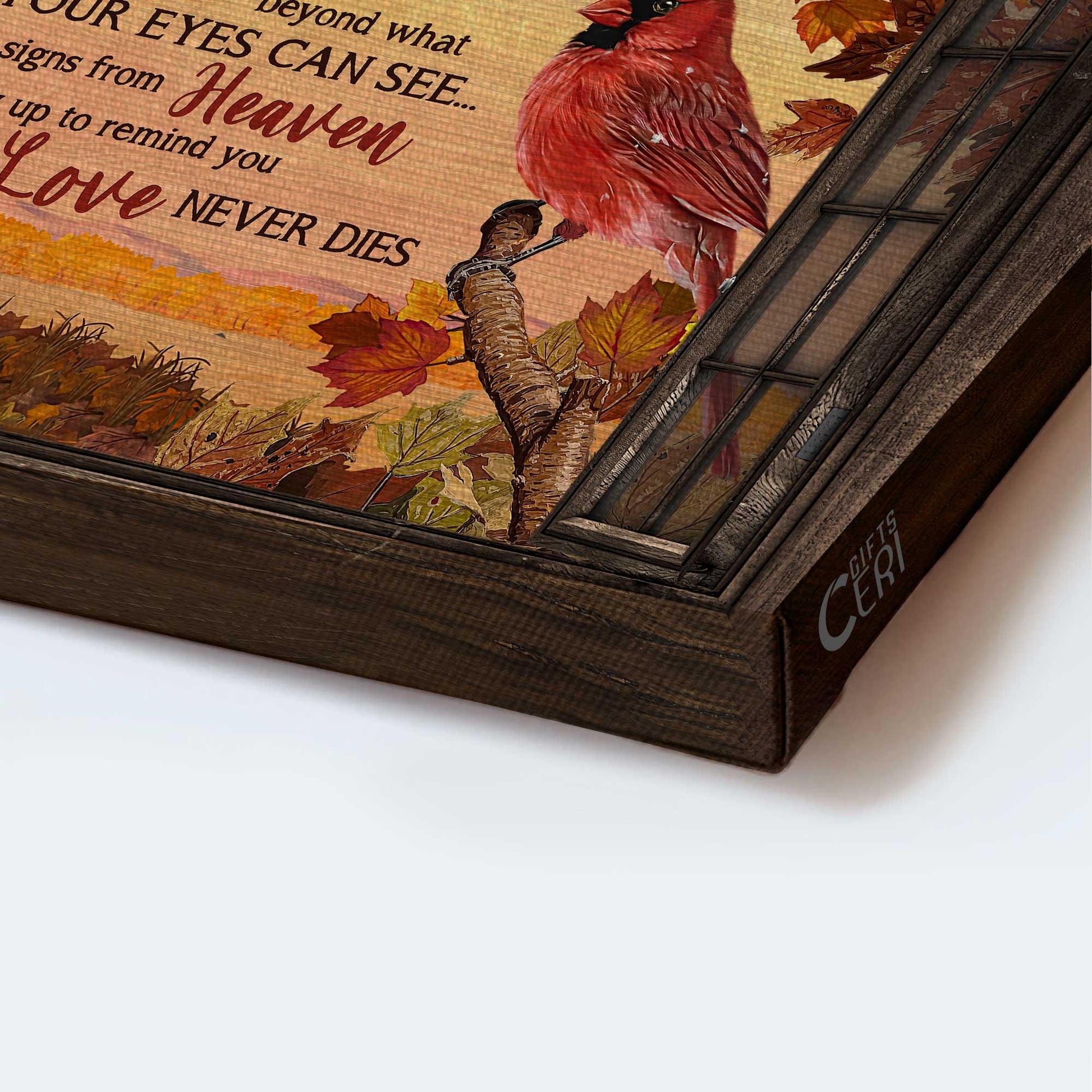 Memorial Premium Wrapped Landscape Canvas - Northern cardinal, Red maple leaf, Tree branch, Window frame, Love never dies - Gifts for members family - Amzanimalsgift