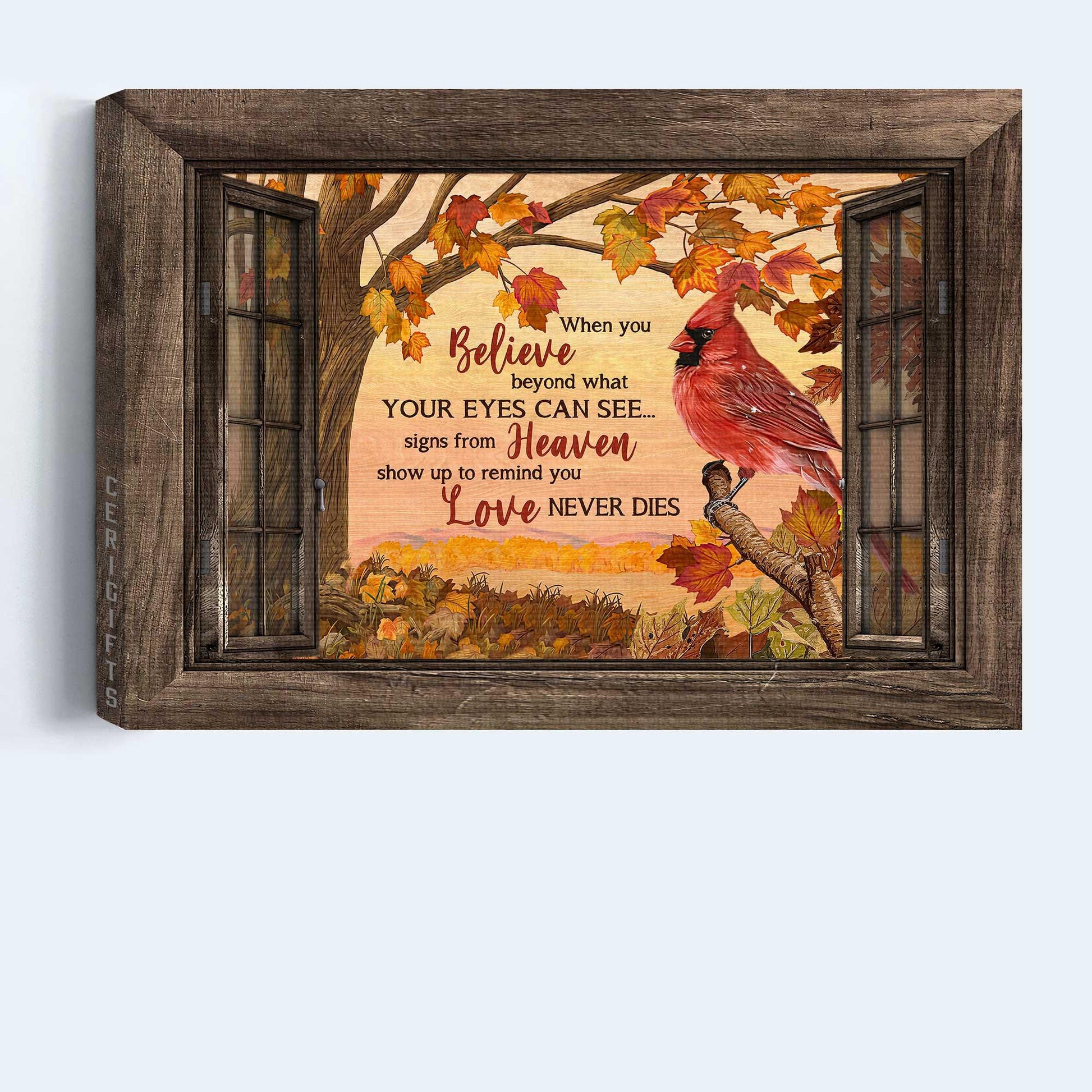 Memorial Premium Wrapped Landscape Canvas - Northern cardinal, Red maple leaf, Tree branch, Window frame, Love never dies - Gifts for members family - Amzanimalsgift