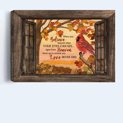Memorial Premium Wrapped Landscape Canvas - Northern cardinal, Red maple leaf, Tree branch, Window frame, Love never dies - Gifts for members family - Amzanimalsgift