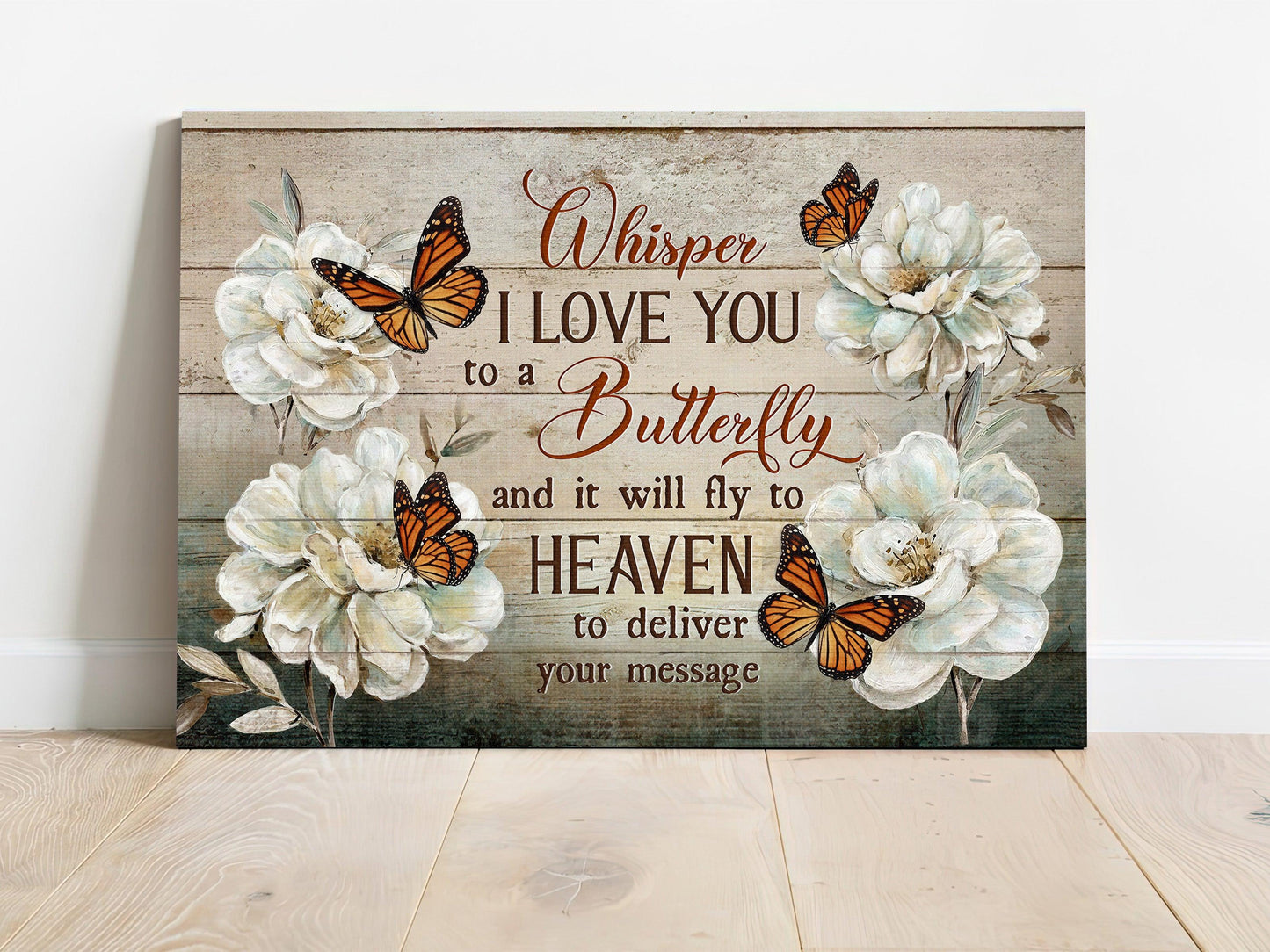 Memorial Premium Wrapped Landscape Canvas - Pretty Camellia, Monarch Butterfly, Whisper I Love You To A Butterfly - Heaven Gift For Members Family - Amzanimalsgift
