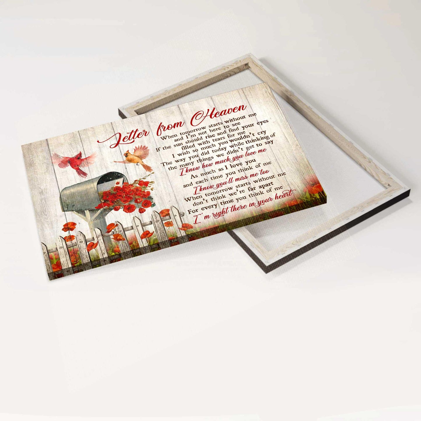 Memorial Premium Wrapped Landscape Canvas - Red Poppy Painting, Cardinal Drawing, Letter Box, Letter From Heaven - Heaven Gifts for members family - Amzanimalsgift