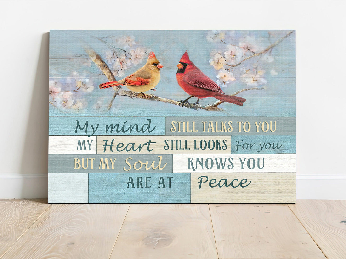 Memorial Premium Wrapped Landscape Canvas - Spring Painting, Cardinal Drawing, My Mind Still Talks To You - Heaven Gift For Members Family - Amzanimalsgift