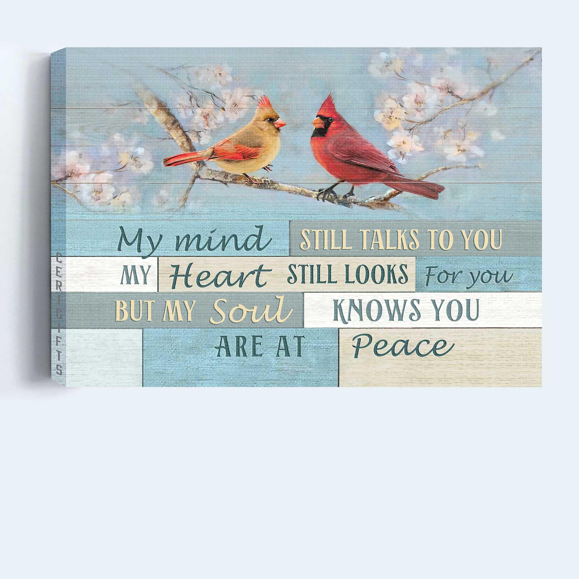 Memorial Premium Wrapped Landscape Canvas - Spring Painting, Cardinal Drawing, My Mind Still Talks To You - Heaven Gift For Members Family - Amzanimalsgift