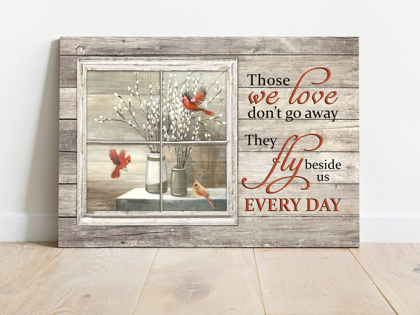 Memorial Premium Wrapped Landscape Canvas - White Willow Blossoms, Baby white flower, Red cardinal, Vintage window - Heaven Gifts For Family Members - Amzanimalsgift