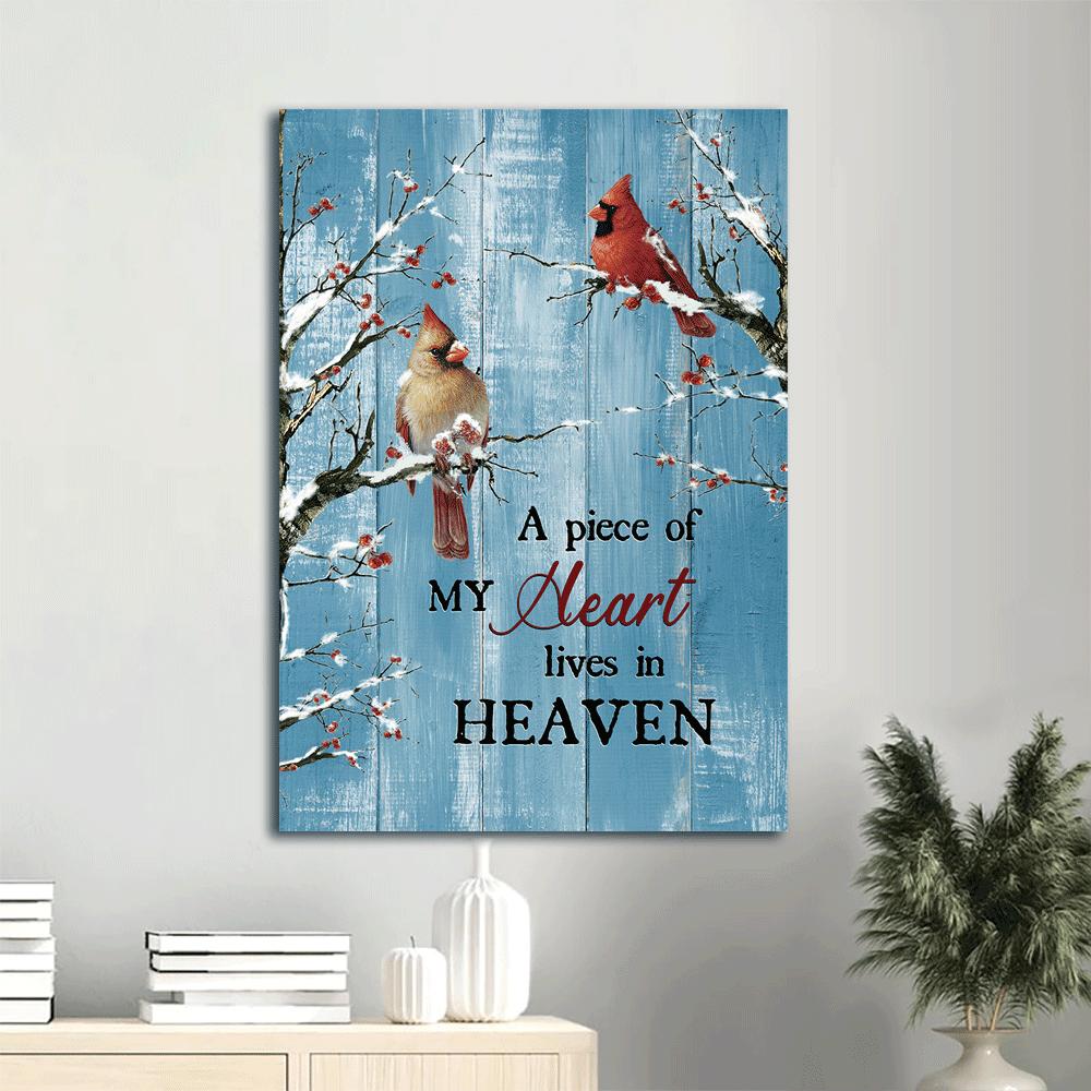 Memorial Premium Wrapped Portrait Canvas- Blue background, Cardinal, Frozen cranberry, A piece of my heart lives in heaven - Gift for family - Amzanimalsgift