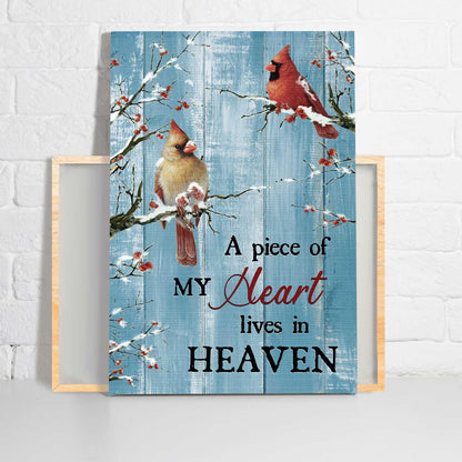 Memorial Premium Wrapped Portrait Canvas- Blue background, Cardinal, Frozen cranberry, A piece of my heart lives in heaven - Gift for family - Amzanimalsgift