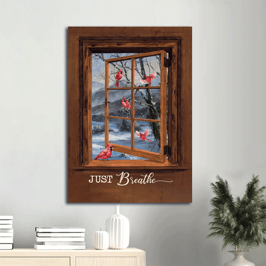 Memorial Premium Wrapped Portrait Canvas - Blue Night, Red Cardinal Drawing, Wooden Window, White Snow, Just Breathe - Heaven Gift For Members Family - Amzanimalsgift