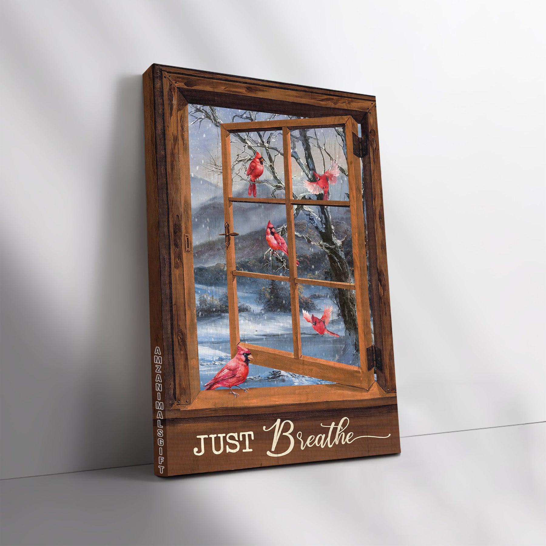 Memorial Premium Wrapped Portrait Canvas - Blue Night, Red Cardinal Drawing, Wooden Window, White Snow, Just Breathe - Heaven Gift For Members Family - Amzanimalsgift