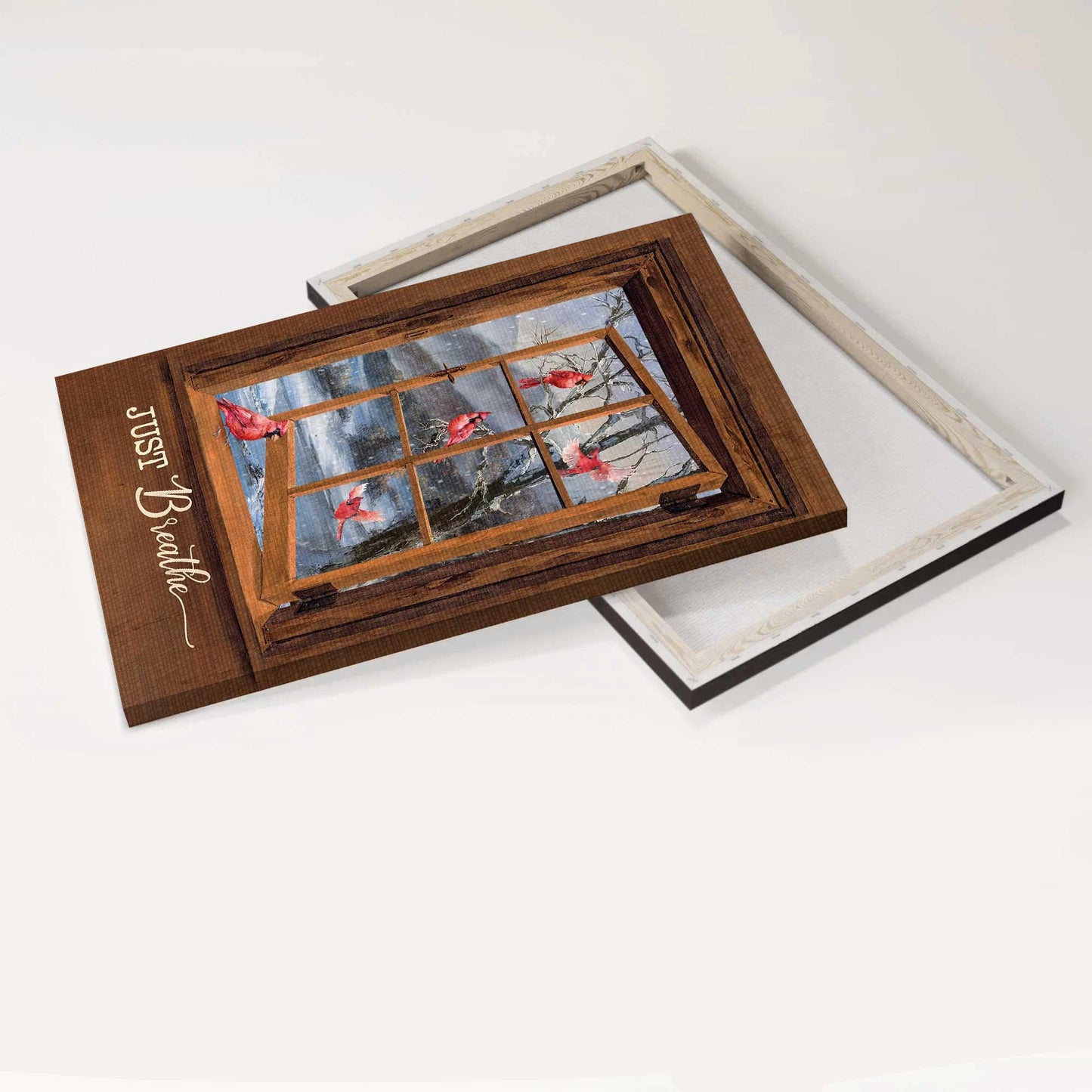Memorial Premium Wrapped Portrait Canvas - Blue Night, Red Cardinal Drawing, Wooden Window, White Snow, Just Breathe - Heaven Gift For Members Family - Amzanimalsgift