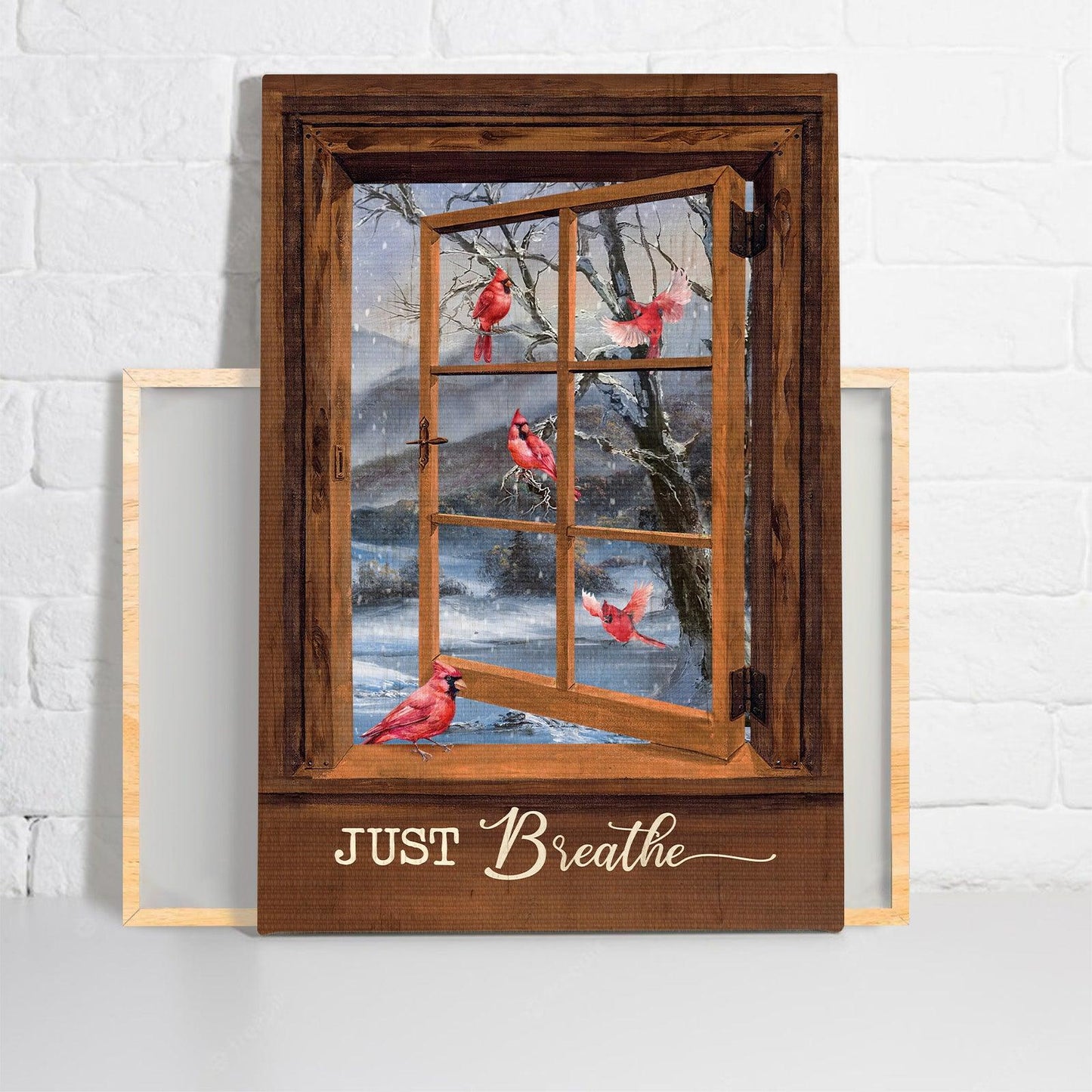 Memorial Premium Wrapped Portrait Canvas - Blue Night, Red Cardinal Drawing, Wooden Window, White Snow, Just Breathe - Heaven Gift For Members Family - Amzanimalsgift