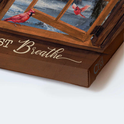 Memorial Premium Wrapped Portrait Canvas - Blue Night, Red Cardinal Drawing, Wooden Window, White Snow, Just Breathe - Heaven Gift For Members Family - Amzanimalsgift