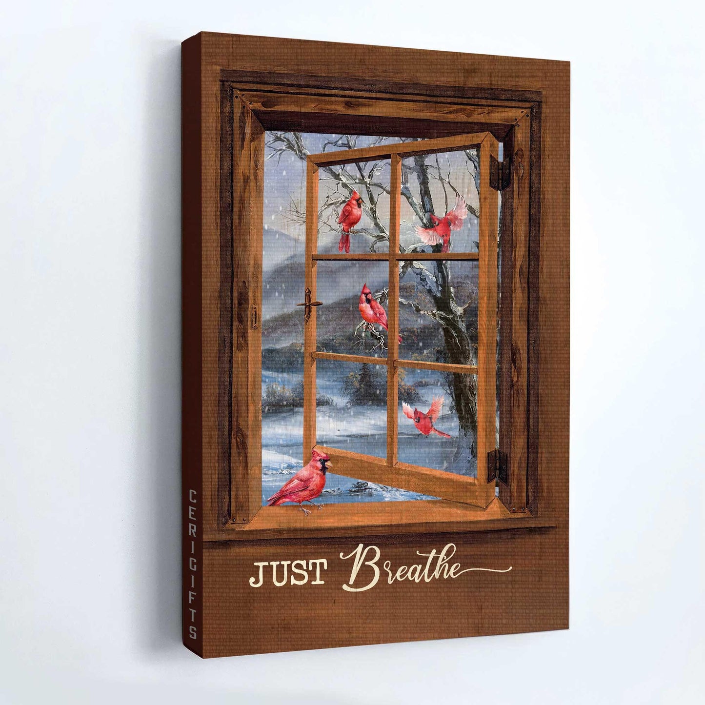 Memorial Premium Wrapped Portrait Canvas - Blue Night, Red Cardinal Drawing, Wooden Window, White Snow, Just Breathe - Heaven Gift For Members Family - Amzanimalsgift