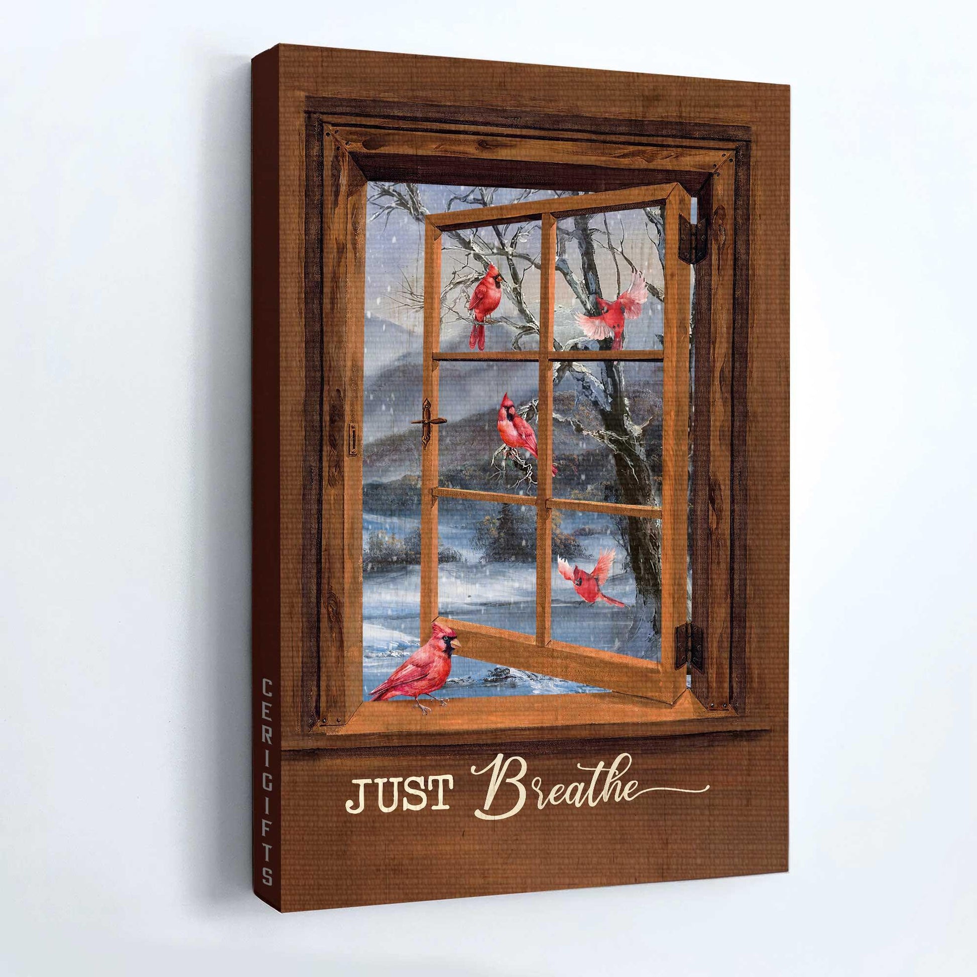 Memorial Premium Wrapped Portrait Canvas - Blue Night, Red Cardinal Drawing, Wooden Window, White Snow, Just Breathe - Heaven Gift For Members Family - Amzanimalsgift