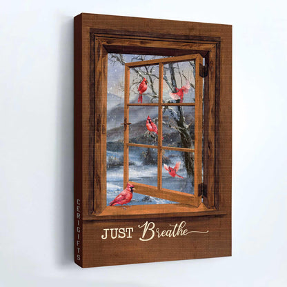 Memorial Premium Wrapped Portrait Canvas - Blue Night, Red Cardinal Drawing, Wooden Window, White Snow, Just Breathe - Heaven Gift For Members Family - Amzanimalsgift