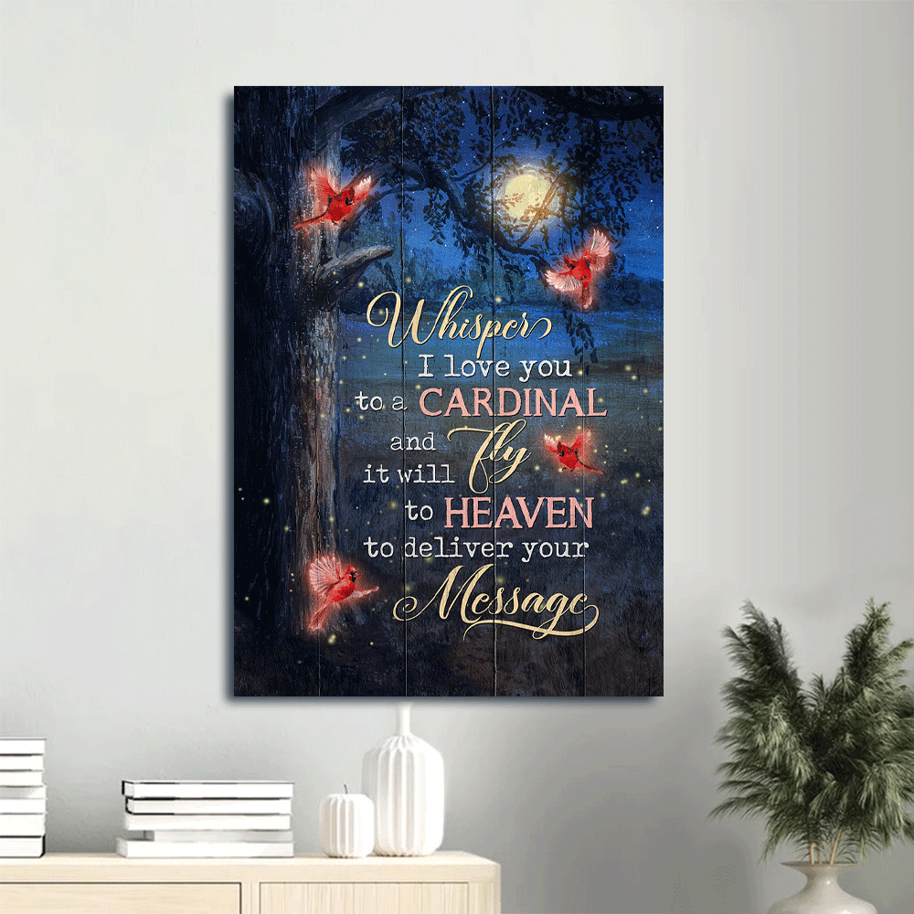 Memorial Premium Wrapped Portrait Canvas - Red cardinal, Beautiful Moon, Amazing Night, Whisper I Love You To A Cardinal - Gifts For Members Family - Amzanimalsgift