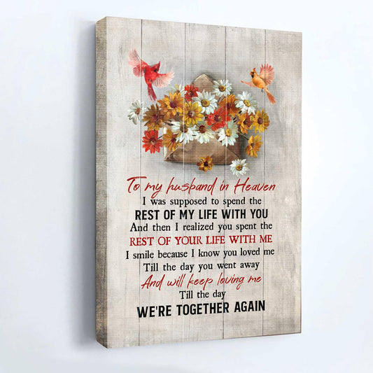 Memorial Premium Wrapped Portrait Canvas - To My Husband In Heaven, Colorful Daisy Painting, Watercolor Cardinal - Heaven Gifts For Husband - Amzanimalsgift