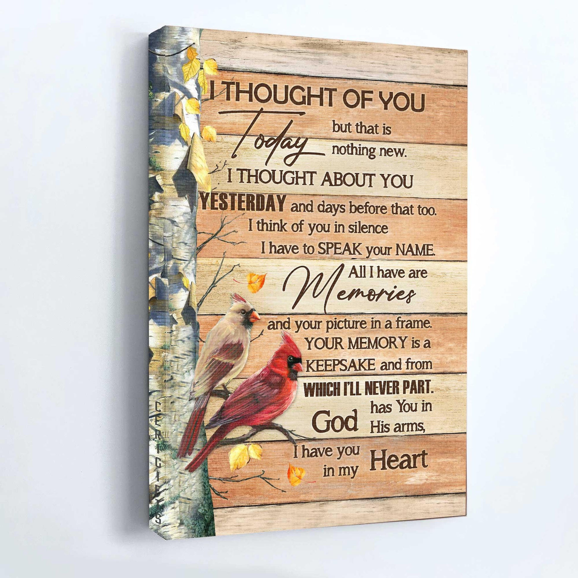 Memorial Premium Wrapped Portrait Canvas - Yellow Forest Painting, Cardinal Drawing, I Thought Of You Today - Heaven Gift For Members Family - Amzanimalsgift