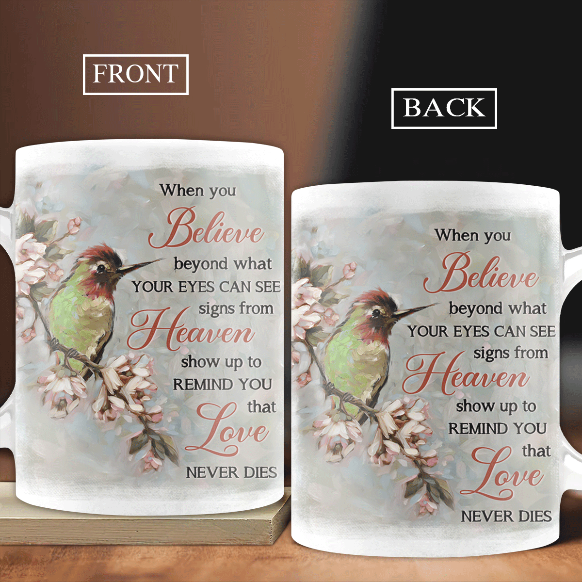 Memorial White Mug - Cherry Blossom Painting, Colorful Hummingbird - Signs From Heaven Remind You Love Never Dies - Gift For Members Family - Amzanimalsgift