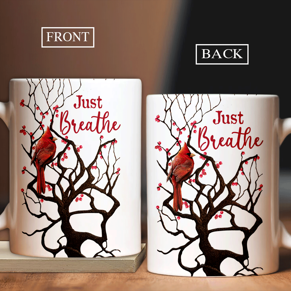 Memorial White Mug - Cranberry Tree, Big Red Cardinal, Winter Painting - Just Breathe Mug - Heaven White Mug - Gift For Members Family - Amzanimalsgift