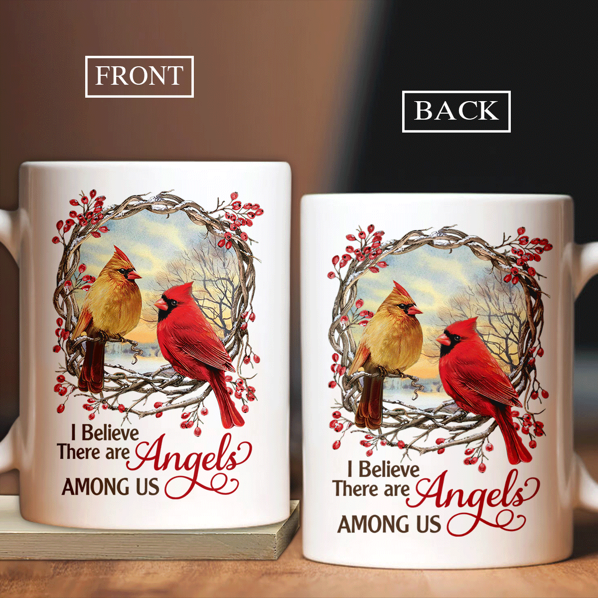 Memorial White Mug - Cranberry Wreath, Beautiful Sunset, Cardinal Drawing - I Believe There Are Angels Among Us Heaven Mug - Gift For Members Family - Amzanimalsgift