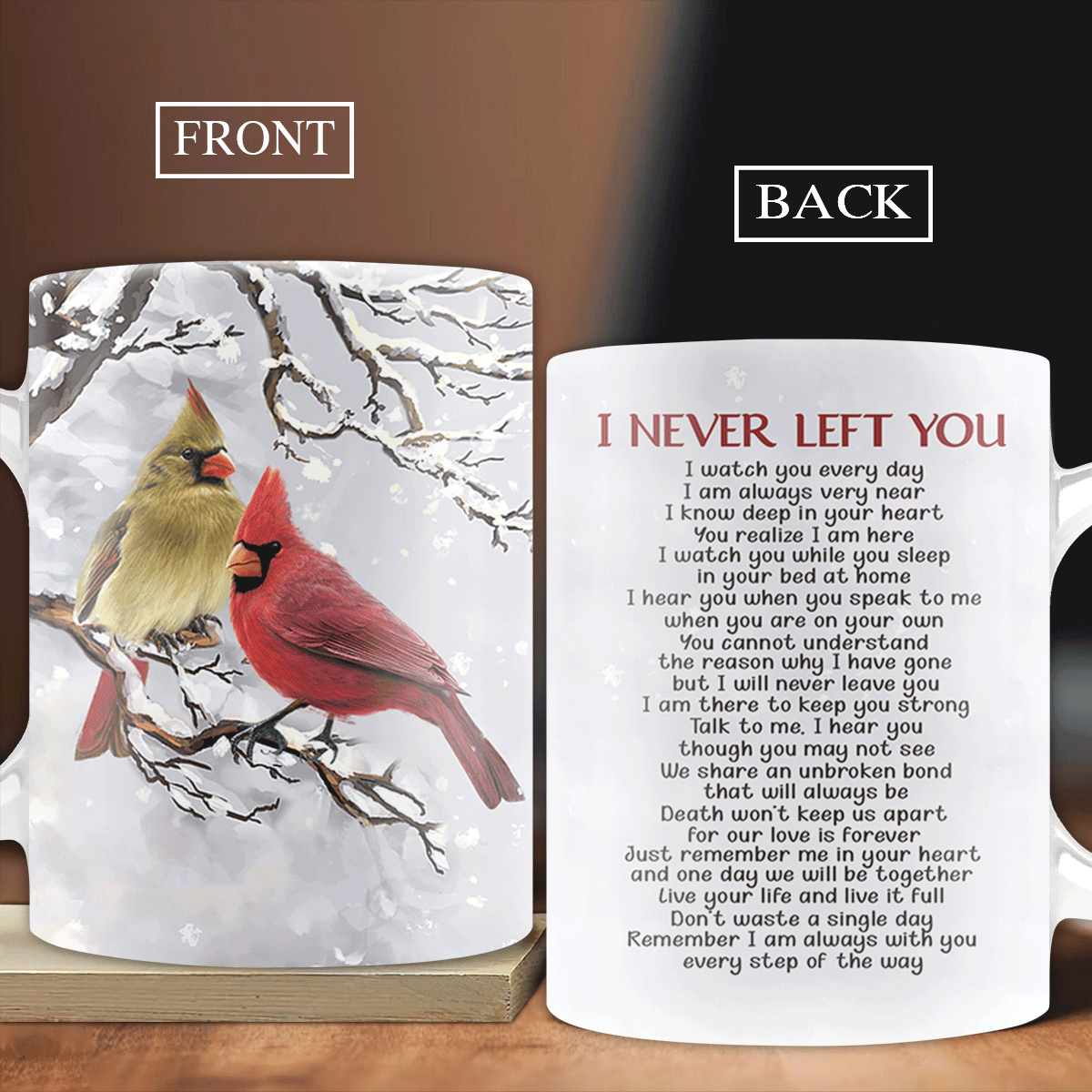 Memorial White Mug - Cute Cardinal Drawing, White Snow, Winter Painting Mug - I Never Left You Mug - Gift For Members Family - Amzanimalsgift