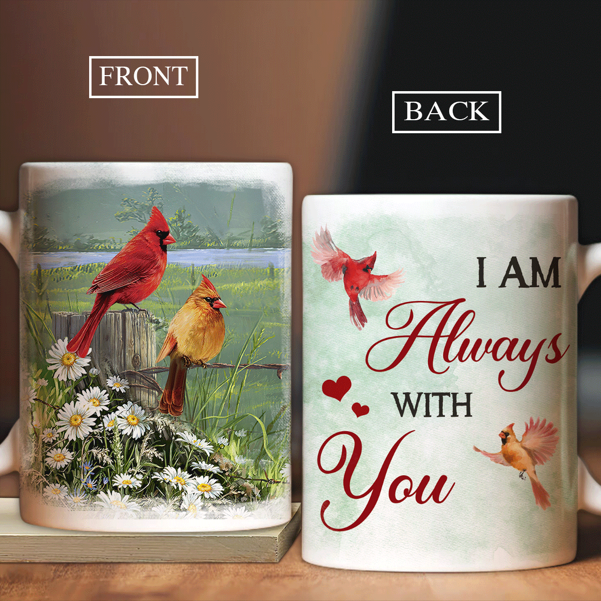 Memorial White Mug - Green meadow land, Daisy field, Cardinal drawing - Gift for members family - I am always with you - Heaven White Mug. - Amzanimalsgift