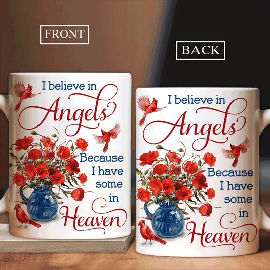 Memorial White Mug - Poppy flower, Cardinal painting, Vintage flower vase - Gift for members family - I believe in angels - Heaven White Mug. - Amzanimalsgift
