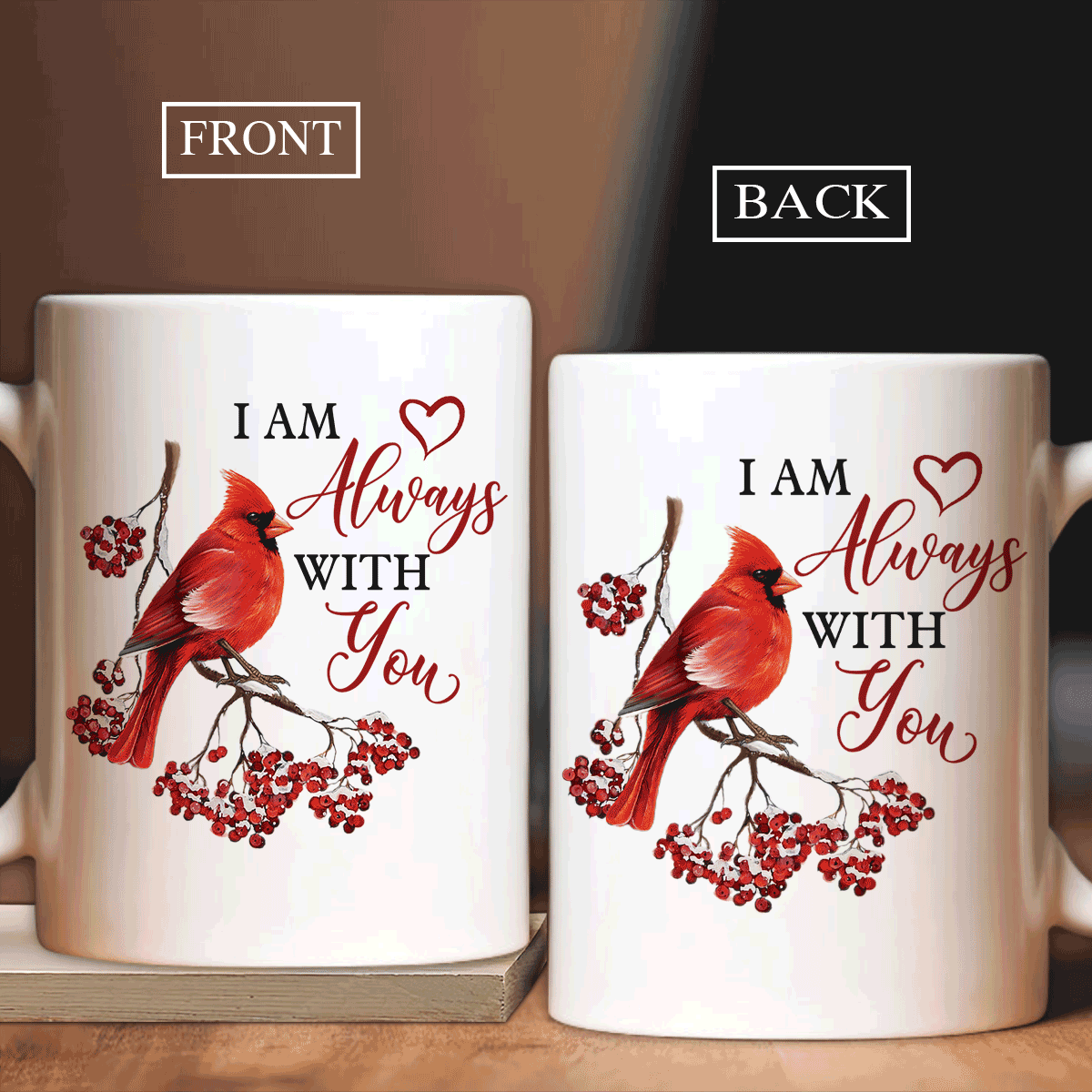 Memorial White Mug - Red cardinal, Winter tree painting - Gift for members family - I am always with you - Heaven White Mug. - Amzanimalsgift