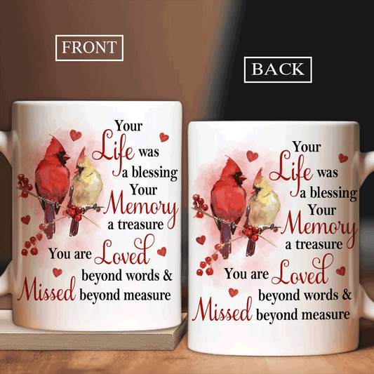 Memorial White Mug - Red cranberry, Watercolor cardinal, Heart symbol - Gift for members family - Your life was a blessing - Heaven White Mug. - Amzanimalsgift