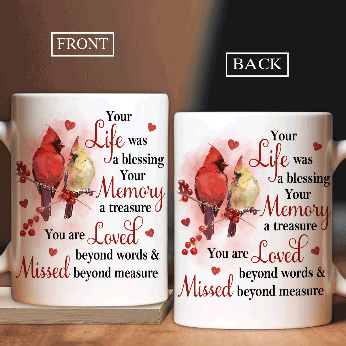 Memorial White Mug - Red cranberry, Watercolor cardinal, Heart symbol - Gift for members family - Your life was a blessing - Heaven White Mug. - Amzanimalsgift