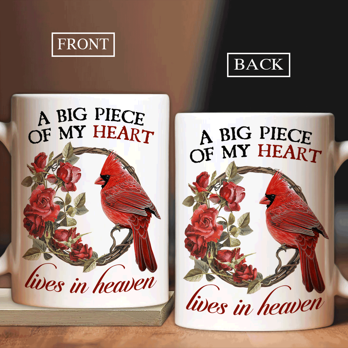 Memorial White Mug - Rose flowers, Northern cardinal painting - Gift for members family - A big piece of my heart - Heaven White Mug. - Amzanimalsgift