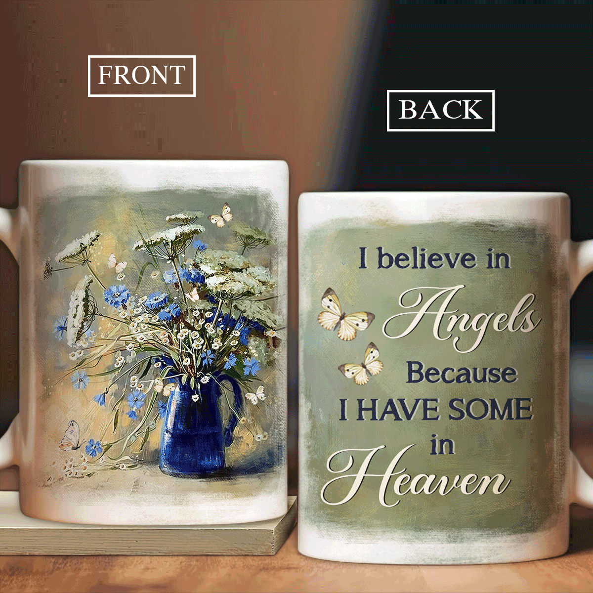 Memorial White Mug - Still life painting, Beautiful flower drawing, Yellow butterfly - Gift for members family - I believe in angels - Heaven White Mug. - Amzanimalsgift