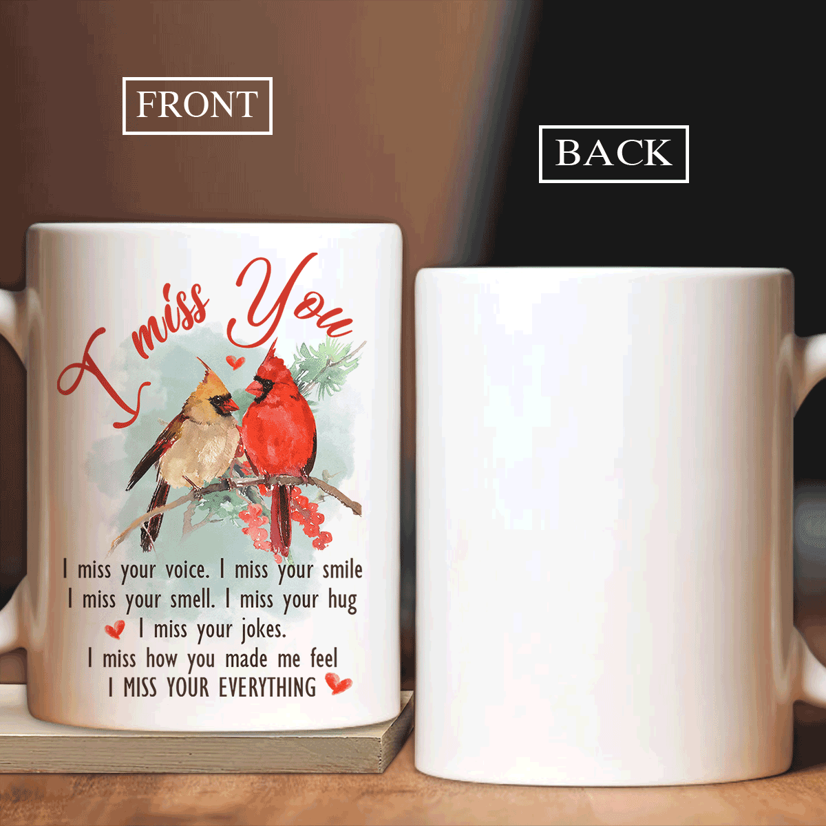 Memorial White Mug - Watercolor cardinal, Cranberry drawing - Gift for members family - I miss your voice, I miss your smile - Heaven White Mug. - Amzanimalsgift