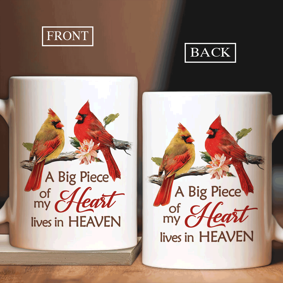 Memorial White Mug - Watercolor cardinal, Light pink flower - Gift for members family - A big piece of my heart lives in heaven - Heaven White Mug. - Amzanimalsgift