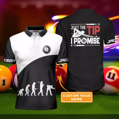 Men Billiard Polo Shirt - Personalized Black And White Billiards Design, Just The Tip I Promise Billiards Custom Shirt, Gift For Billiards Lovers - Amzanimalsgift