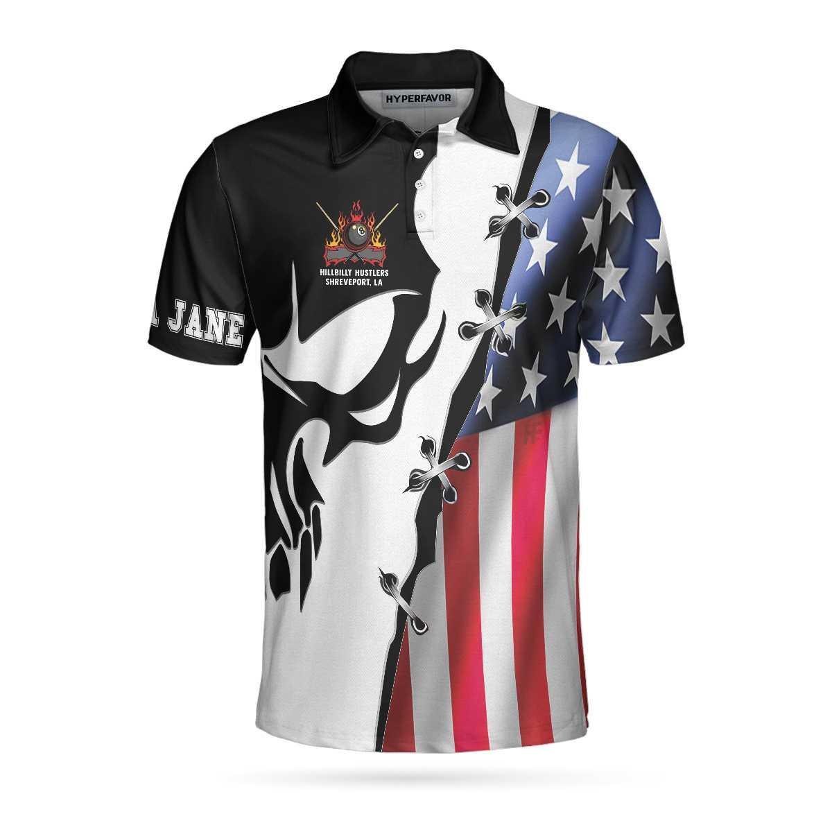 Men Billiard Polo Shirt - Personalized US Flag Billiards Men Polo Shirt, Hillbilly Hustlers Custom Polo Shirt, Best Gift For Billiards Lovers - Amzanimalsgift