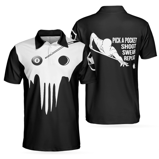 Men Billiard Polo Shirt - Skull Billiards Polo Shirt, Black And White Billiards Shirt For Billiards Lovers - Perfect Gift For Men, Billiard Players - Amzanimalsgift