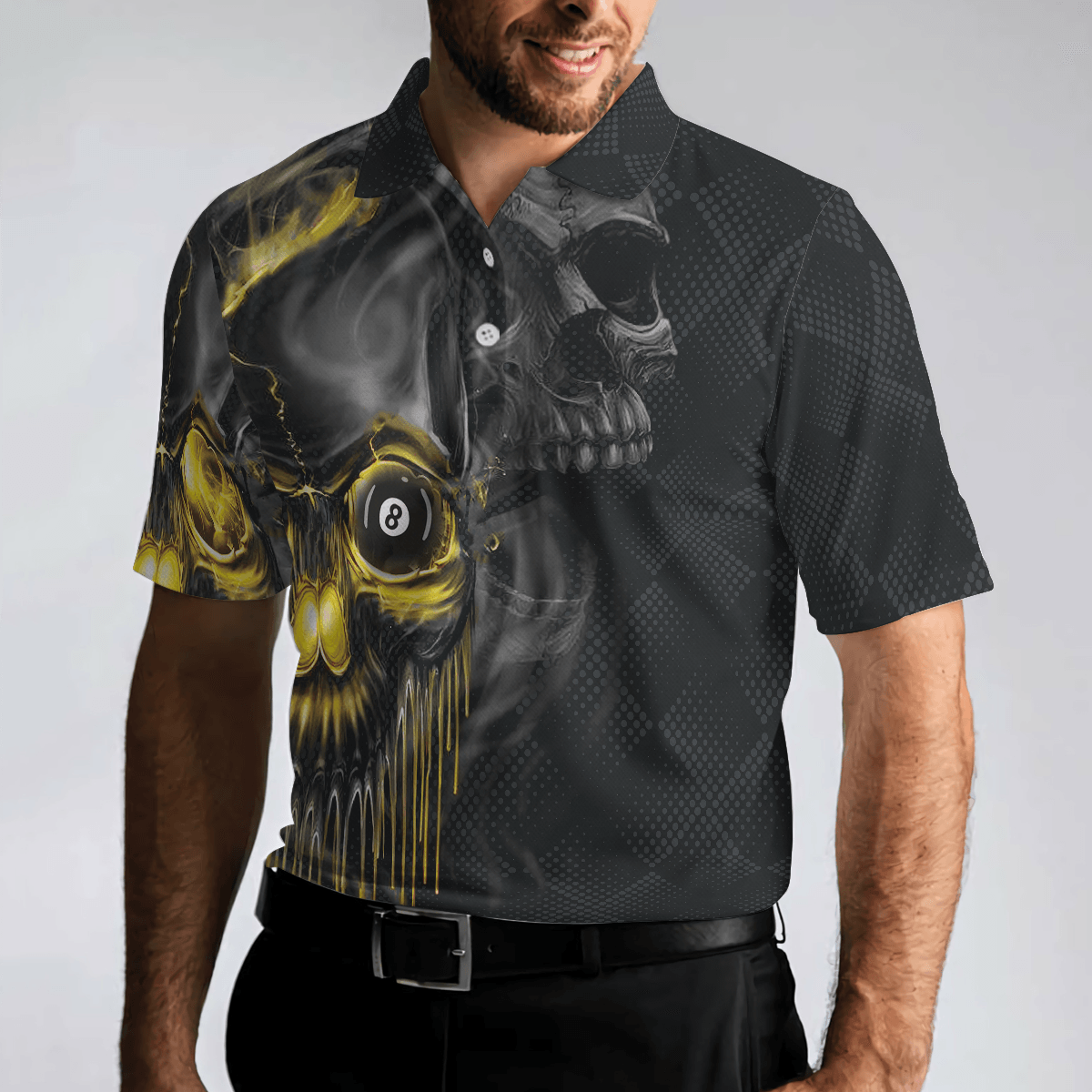 Men Billiard Polo Shirt - Skull Billiards Polo Shirt, Black Skull Billiards Shirt Design For Men, Scary Halloween Gift Idea - Perfect Gift For Men - Amzanimalsgift