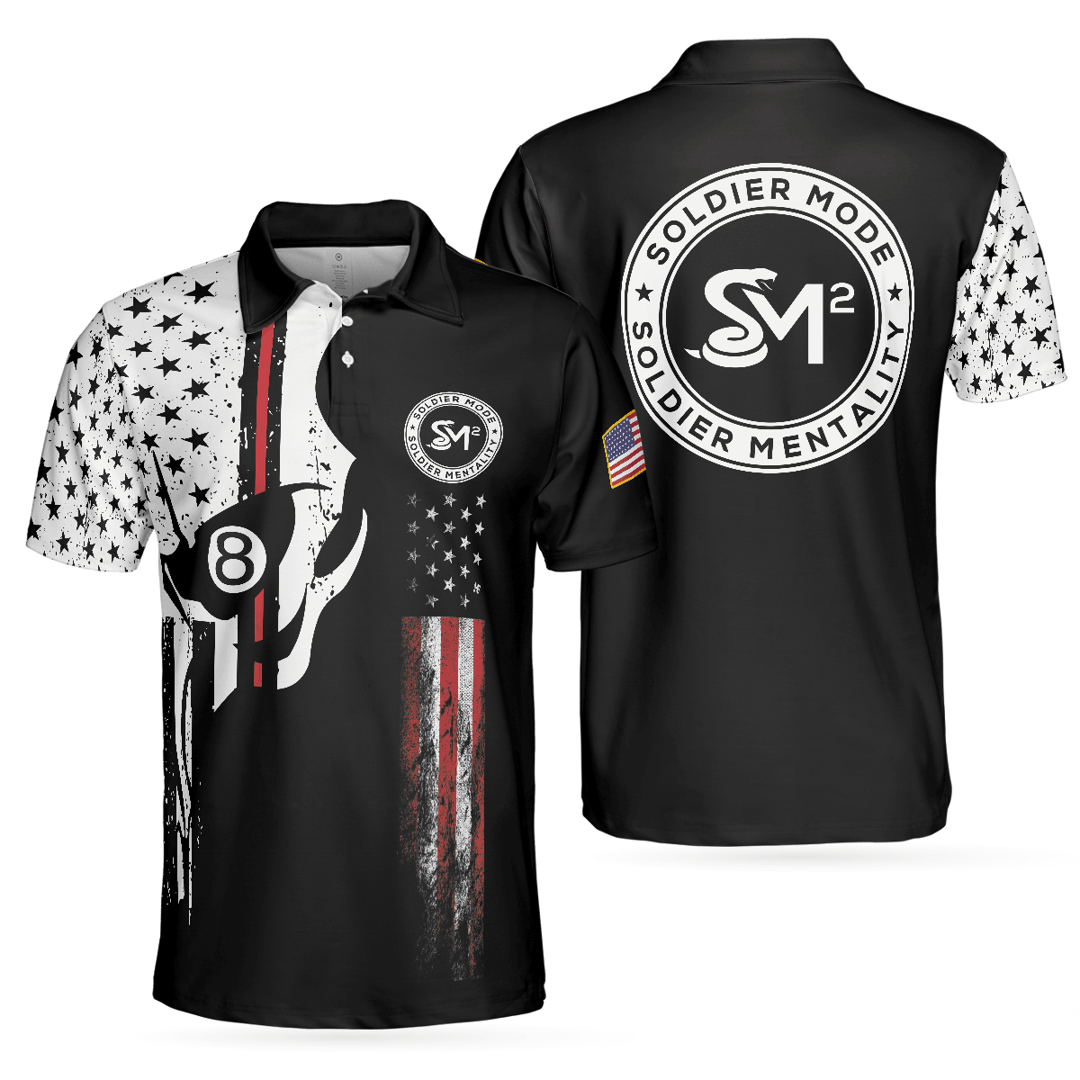 Men Billiard Polo Shirt - SM Skull Black And White American Flag Polo Shirt, SM Soldier More - Perfect Gift For Men, Billiard Lover - Amzanimalsgift