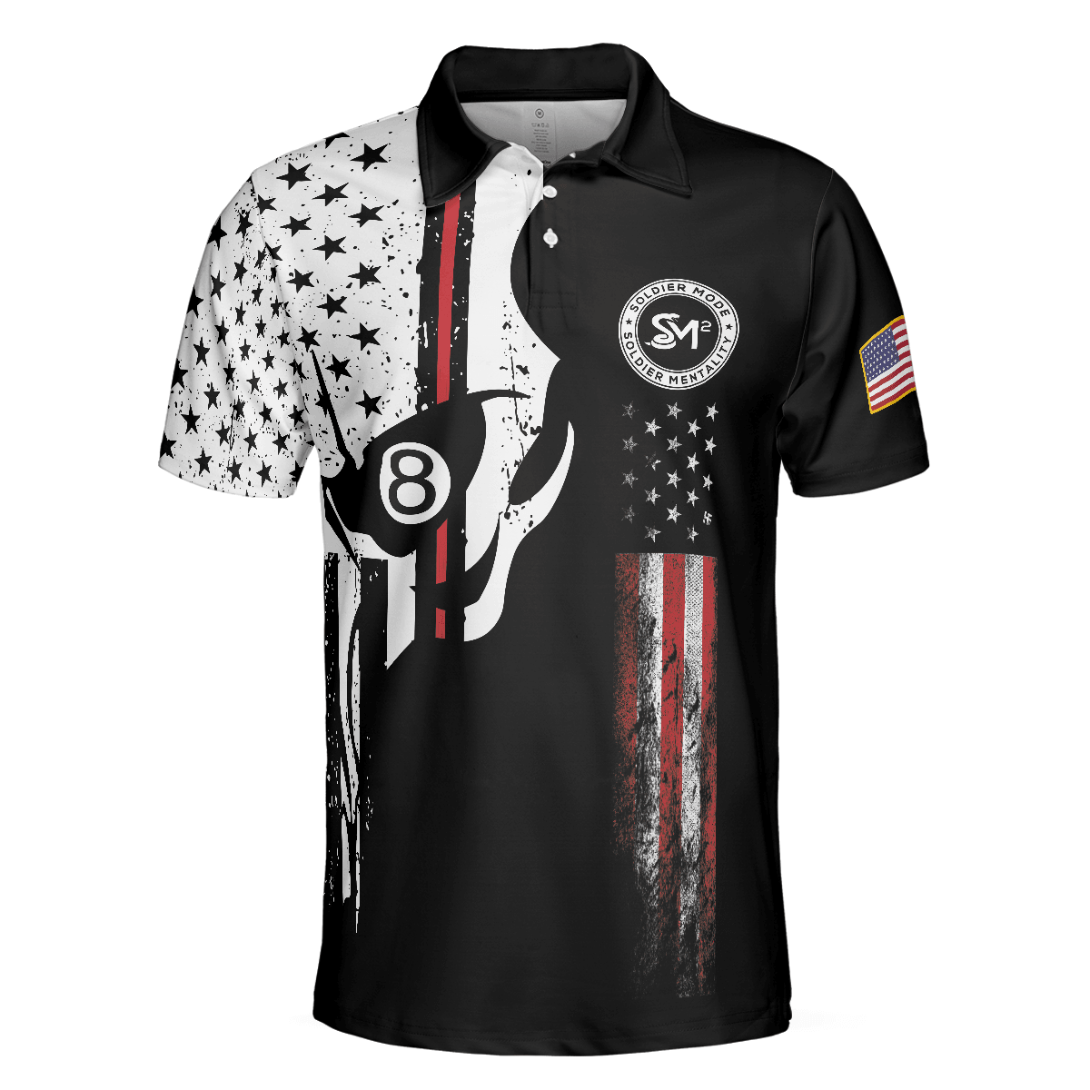 Men Billiard Polo Shirt - SM Skull Black And White American Flag Polo Shirt, SM Soldier More - Perfect Gift For Men, Billiard Lover - Amzanimalsgift