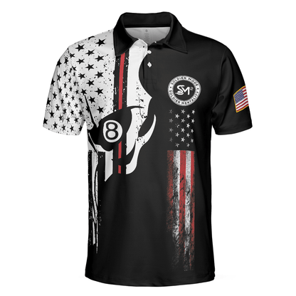Men Billiard Polo Shirt - SM Skull Black And White American Flag Polo Shirt, SM Soldier More - Perfect Gift For Men, Billiard Lover - Amzanimalsgift