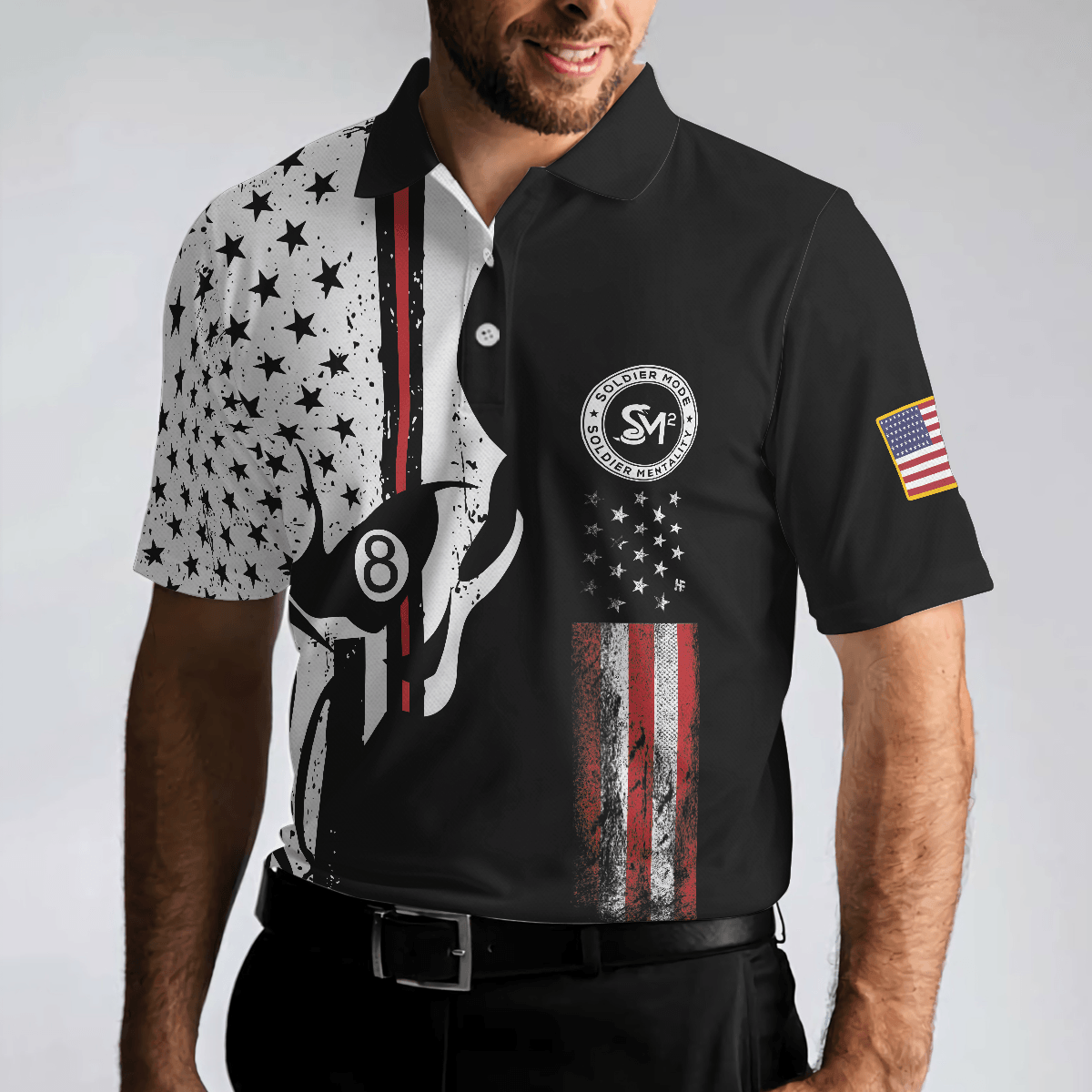 Men Billiard Polo Shirt - SM Skull Black And White American Flag Polo Shirt, SM Soldier More - Perfect Gift For Men, Billiard Lover - Amzanimalsgift
