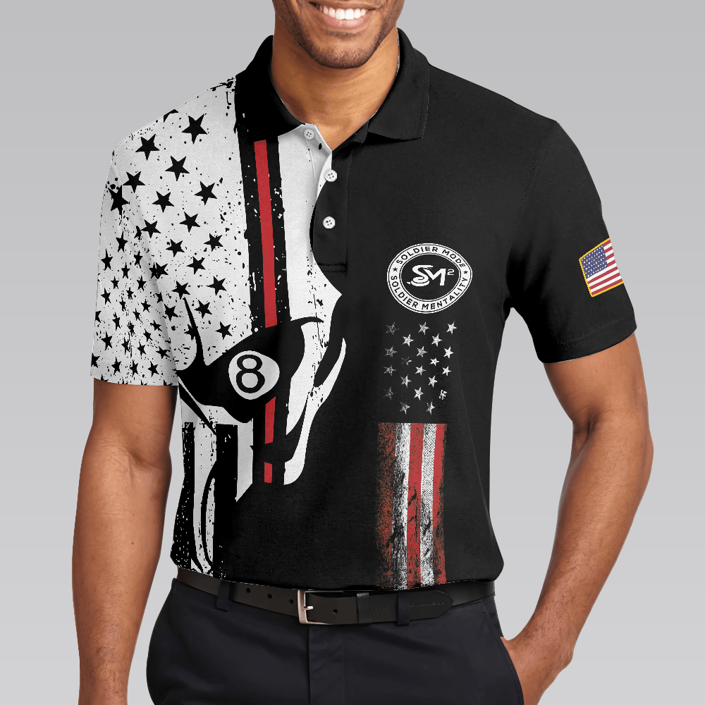Men Billiard Polo Shirt - SM Skull Black And White American Flag Polo Shirt, SM Soldier More - Perfect Gift For Men, Billiard Lover - Amzanimalsgift